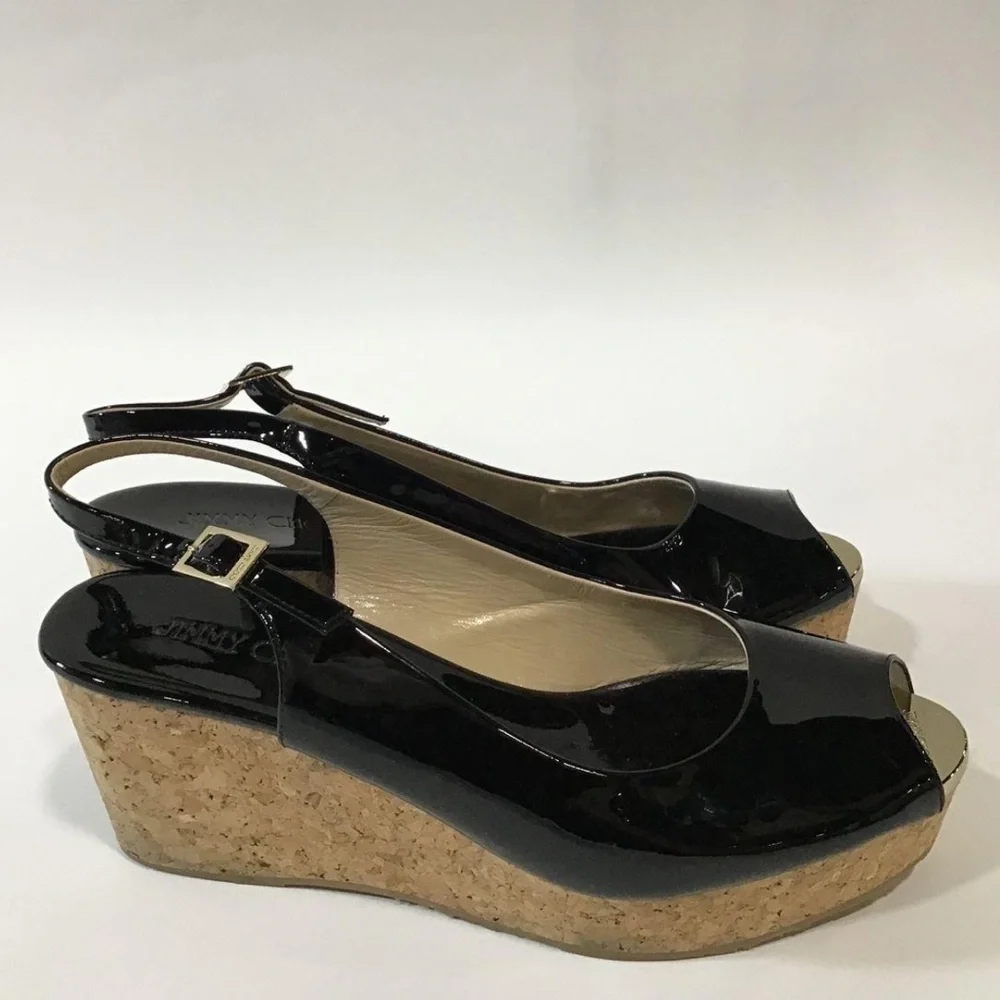Women’s Jimmy Choo Black Patent Peep Toe Slingback Cork Wedges Size 41